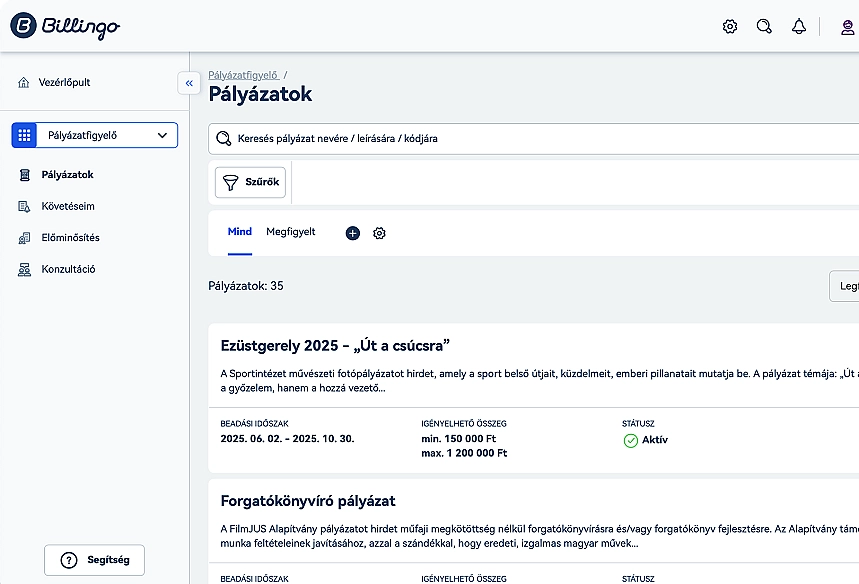 Billingo pályázatfigyelő