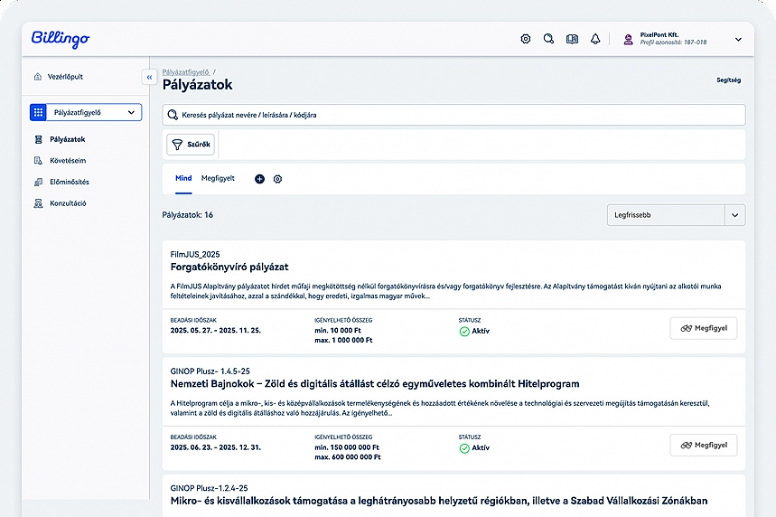 Billingo pályázatfigyelő